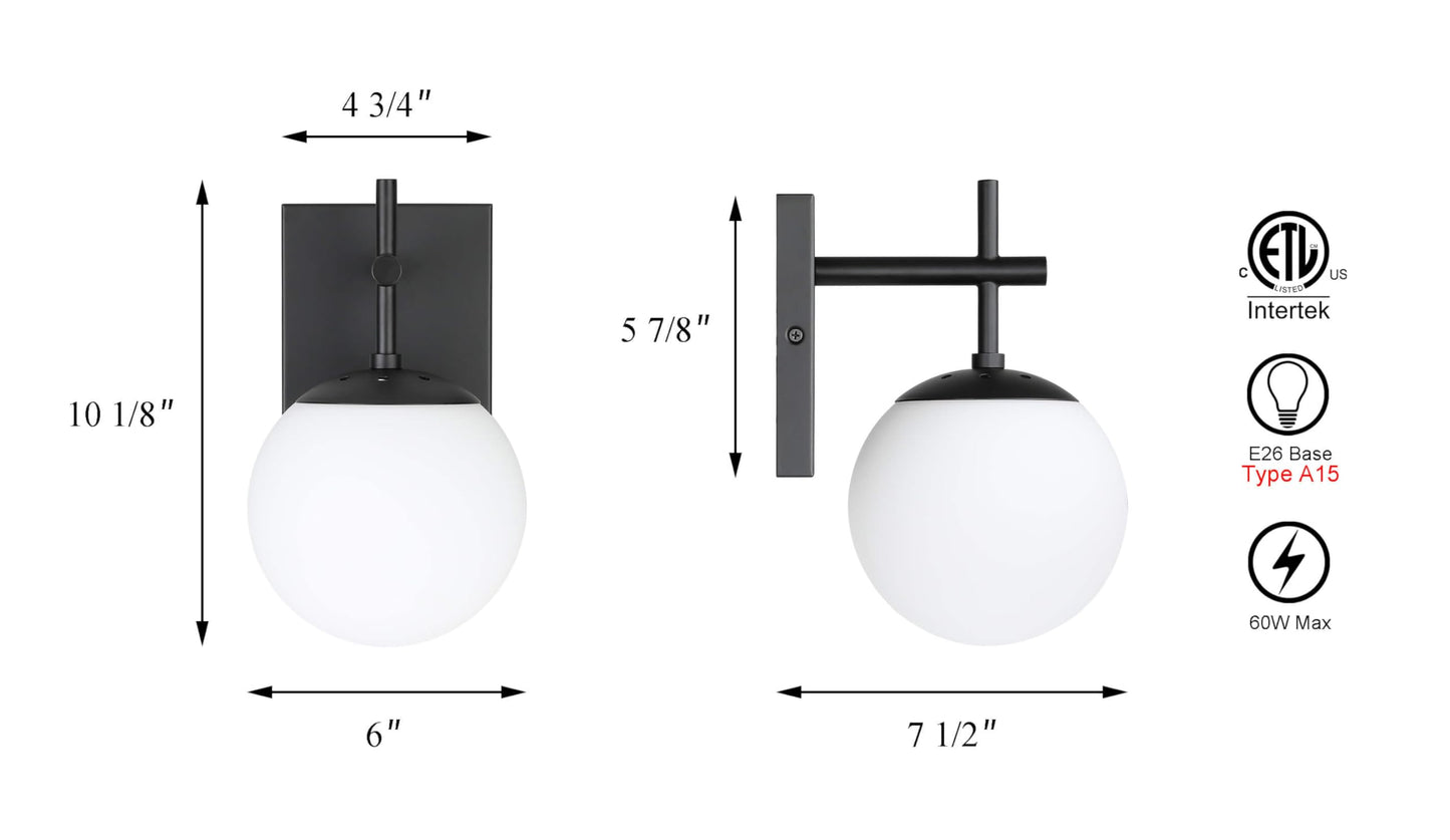 XiNBEi Lighting Globe Sconce Light, Mid Century Black Bathroom Sconce Wall Lighting Indoor 1 Light Glass Wall Sconce for Loft Bath Bedroom Hallway XB-W1320-1-MB