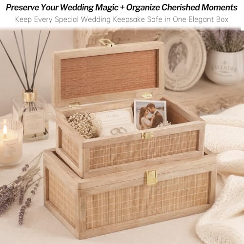 Light Brown Bamboo Decorative Box Set with Lids - 2 Pieces Boho Keepsake Storage