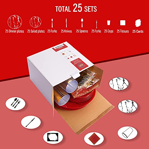 Disposable Dinnerware Set - 225 Pieces Red & Gold Plastic Plates for Hibachi & Asian-Themed Parties - Variation: Gold / 225PCS