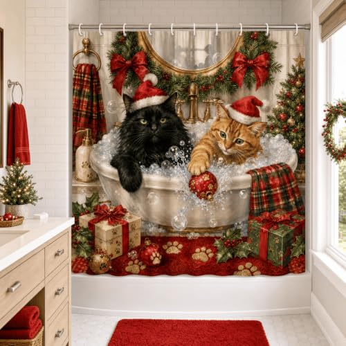Christmas Cat Shower Curtain 72x72 Inch Waterproof Polyester with Cats in Bubble Bath - Holiday Pet Bathroom Decor, Includes 12 Hooks - Christmas Cat Bath Variant