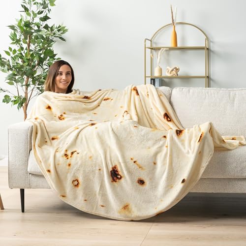 PAVILIA Burrito Tortilla Blanket, Double Sided Taco Flour Wrap Novelty Throw for Adult Kid Teen, Realistic Food Blanket, Funny Gag Gift for Birthday, Beige Flour 80in