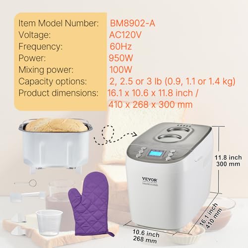 Bread Maker Machine with 15 Menus, Non-Stick Ceramic Pan, 3 Loaf Sizes, Digital & Programmable - White+Silver