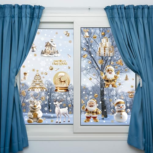 198pcs 3D Gold Christmas Window Clings for Glass Windows, White Snowflake Santa Claus Double-Sided Reusable Holiday Window Stickers for Home,Cafe,Mall Glass Door,Office,Party Christmas Decorations