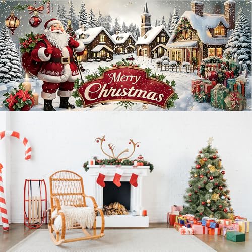 THISFIND 16x7 Ft Santa Christmas Village Banner for Garage Door Display - Holiday Yard Decor