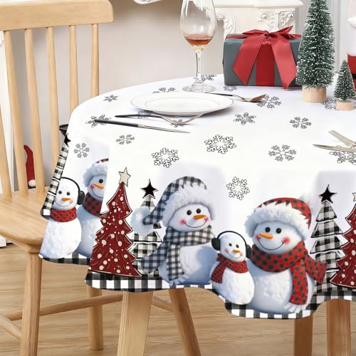 QIALETS 70 Inch Round Snowman Christmas Tablecloth Water-Resistant Holiday Decor