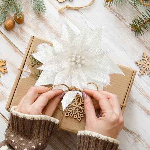 Sggvecsy 15 Pcs Christmas Glitter Flowers Christmas Tree Ornaments Shining Artificial Poinsettia Christmas Flowers Decoration with Clips for Xmas Holiday Wedding Wreath Party Floral Decorations(White)