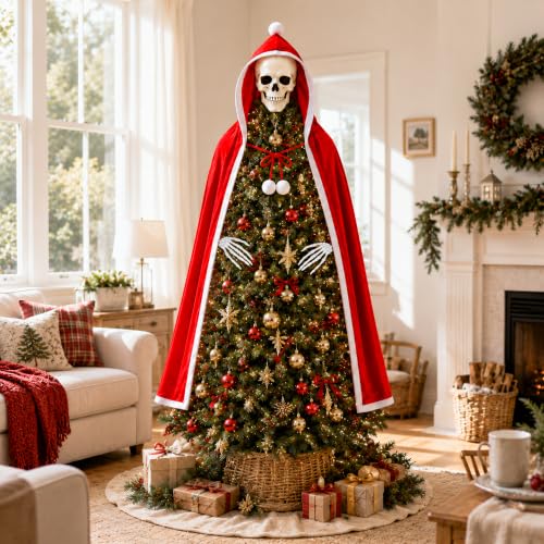 8-Inch Gothic Skull Tree Topper with Red Cloak & Skeleton Hands for Christmas Decor