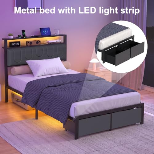Twin Bed Frame with Drawers & LED Lights - Upholstered Headboard, Charging Station, Easy Assembly (Fashion Variation)