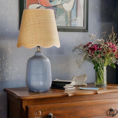 Navy Blue Ceramic Table Lamp with Rattan Shade - Modern 19" Desk Light for Living Room & Bedroom