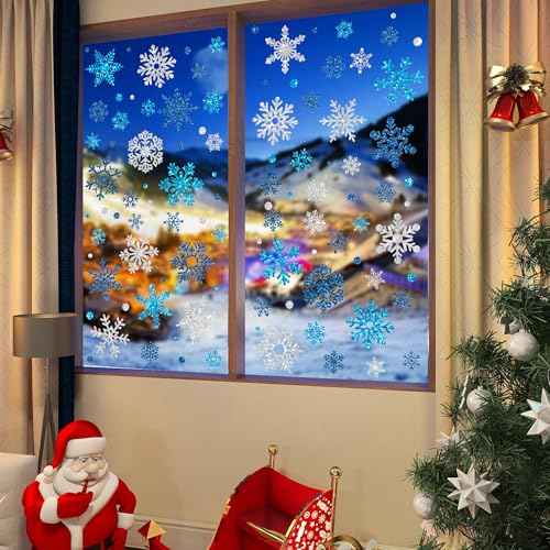 9 Sheets Glitter Snowflake Window Clings Christmas Window Decals Blue Silver Snowflake Windows Stickers Double-Sided Winter Windows Clings for Xmas Winter Holiday Wonderland Party Home Glass Decor