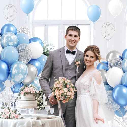 61pcs Winter Wonderland Balloons Set, Snowflake Confetti Balloons Blue Metallic Silver White Balloon for Snowflake Frozen Christmas Winter Wonderland Birthday Party Decoration