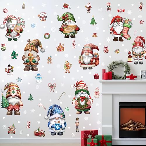 12 Sheets Christmas Gnome Wall Stickers Decorations, Xmas Wall Decals Holiday Gnome Snowflakes Floor Wall Vinyl Stickers for Living Room Bedroom Home Office Decor