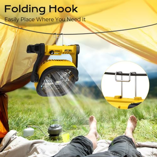 Yellow Battery Operated Fan for Dewalt 20V Max - Portable Camping & Jobsite Fan with USB & LED, 4 Speeds, Hook, Cordless