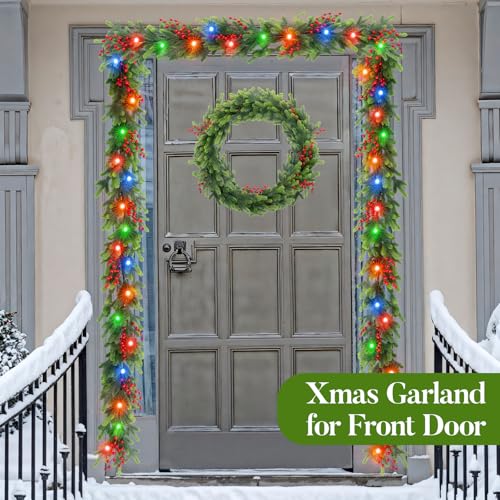 Amazqi 6FT Pre-Lit Christmas Garland with Red Berries, 30 LED Lights & 8 Modes