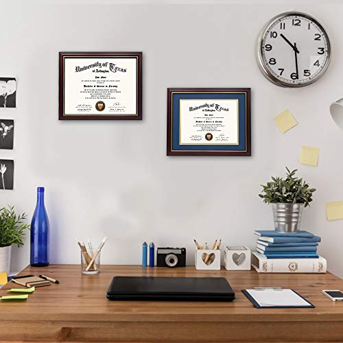 GraduationMall Cherry Wood Diploma Frame with Gold Trim - Navy Mat or No Mat, 8.5x11 or 11x14 Display