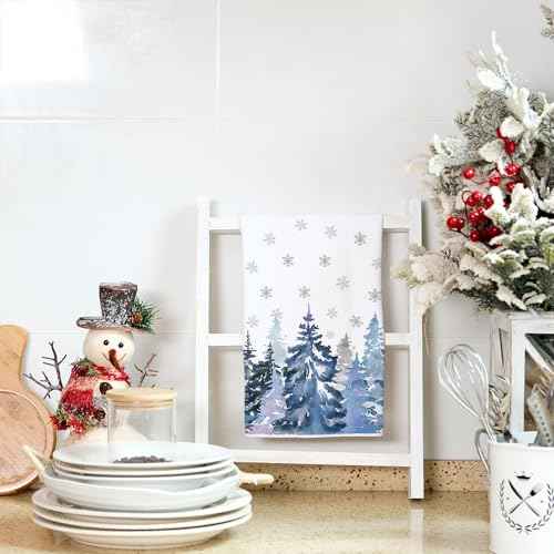 ARKENY Christmas Kitchen Towels Set of 2,Blue Xmas Tree Snowflake Dish Towels 18x26 Inch Drying Dishcloth,Farmhouse Home Decoration AD136