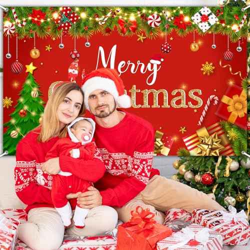 Avezano Merry Christmas Backdrop Red Merry Christmas Party Decorations Banner Merry Xmas Photography Backdrop for Winter New Year Xmas Eve Family Party Decoration Supplies (6x3.6ft)