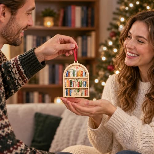 Customizable Bookshelf Christmas Ornament, 4 Inch Wooden Book Lover