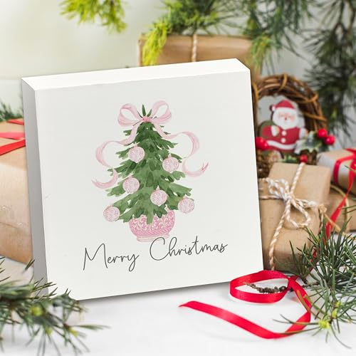 JWVK Pink Ribbon Chinoiserie 5x5 Wooden Box Sign - Grandmillennial Christmas Decor, Color-4