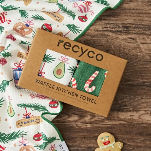 RECYCO Christmas Treats Waffle Kitchen Towel Set of 2 - Ultra Absorbent Microfiber, 16x28