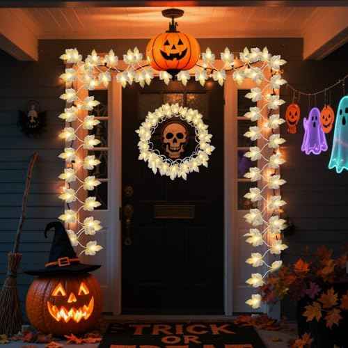Fall Leaf Garland with Lights Decoration - 2 Pack Thanksgiving Gray Fall String Light Battery Operated Total 20 Ft 40 LED Lamp Bead 40 Dried Leaf Suitable Indoor Outdoor Home Harvest Festival Wreath