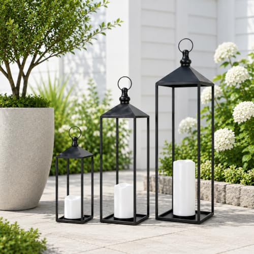 LED Lantern Set with Flameless Candles - 23, 19 & 13 Inches, Timer, Black Metal Decor for Indoor & Outdoor