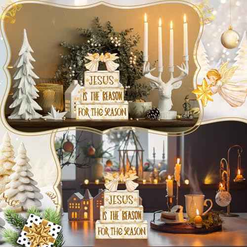 Britimes 4 Pcs Christmas Tiered Tray Decorations Set Jesus Angel Stack Block Signs Faith Christian Religious Holiday Decor for Table & Home Office (Jesus Reason)