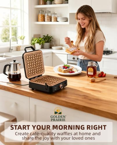 Large Belgian Waffle Maker with Copper-Coated Non-Stick Plates & Stepless Temp Control