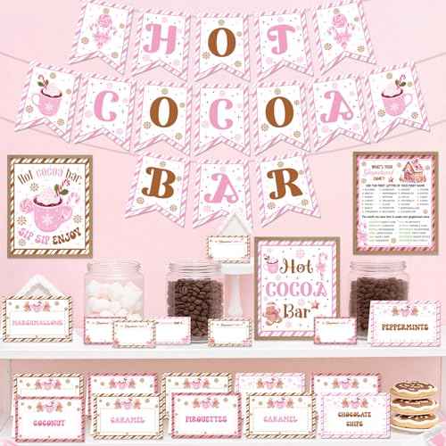Hot Chocolate Bar Decor - 39 Pcs Pink Cocoa Gingerbread Man Banner Signs Toppings Tent Cards Name Game Labels Decorations Kit Party Supplies for Winter Christmas Holiday Birthday New Year