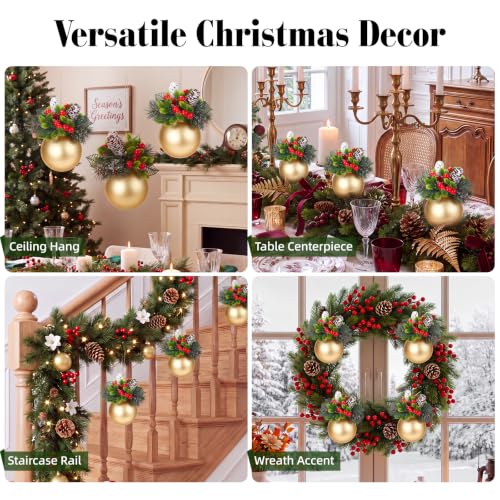 Kadrama Gold 4-Inch Christmas Tree Ball Ornaments - Set of 4 with Rustic Pinecone Accents