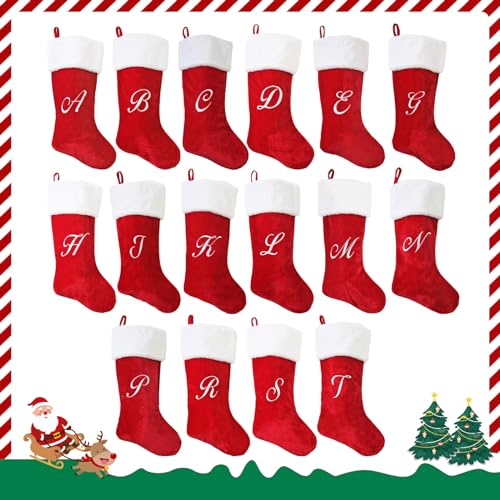 PORRUNNY 20 Inch Red Plush Christmas Stockings - Family Holiday Decor M