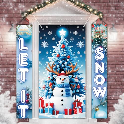 Blue 3-Piece Christmas Door Cover & Porch Banner Set – Merry Christmas Outdoor Indoor Decoration