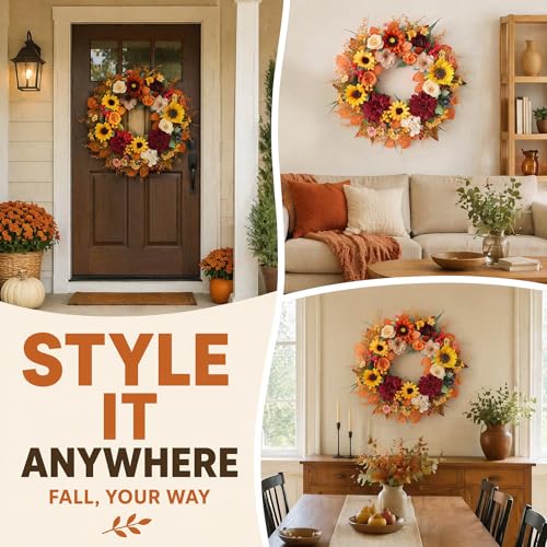 24 Inch Autumn Sunflower Fall Wreath for Front Door & Porch Decor
