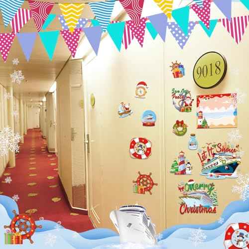 Christmas Cruise Door Magnets - 16 Pcs Cute Merry Xmas Ship Cabin Decorations Magnetic Stickers Anchor Stateroom Snowman Santa Decal Decor with Pens for Whiteboard Fridge Party Car Gifts