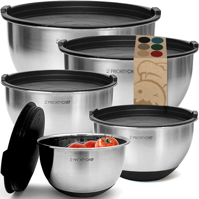 Priority Chef Premium Mixing Bowls Set - Airtight Lids & Non-Slip Base | 5 Nesting Stainless Steel Bowls (1.5-5 Qt) - Black