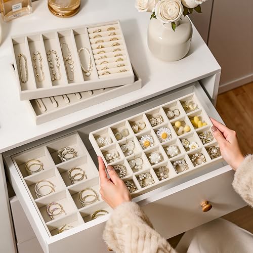 Large Beige Velvet Jewelry Drawer Organizer Trays - 4-Layer Stackable Insert Set with Removable Dividers, Magazine Size
