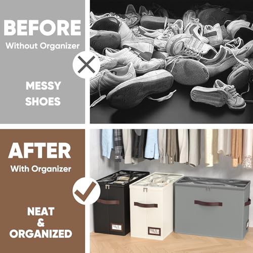 OIAHOMY 4 Pack Beige Foldable Shoe Organizer with Adjustable Dividers, Stackable Shoe Storage Bins for Closet, Fits Up to 32 Pairs