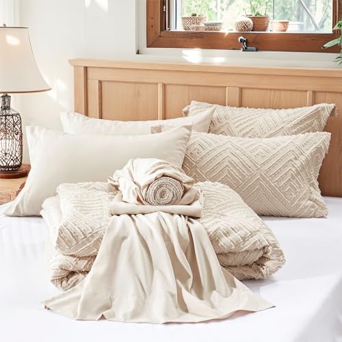 Zzlpp Queen Comforter Set 7 Piece Beige Bed in a Bag - Queen, All Season Cozy Bedding with Tufted Design