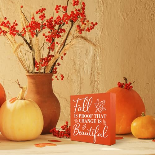 Rustic Fall Decor Fall is Proof That Change is Beautiful Wooden Box Sign Thanksgiving Decorations Farmhouse Autumn Desk Decor Autumn Leaves Wood Sign for Home Office Shelf Tiered Tray Centerpiece