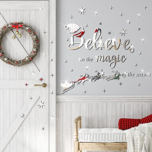 Silver Christmas Wall Decals Believe in the Magic of the Season 3D Mirror Stickers