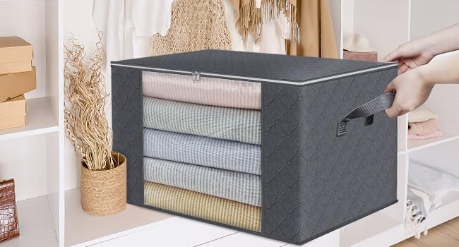 Skiennix Large Clothes Storage Bags - 4 Pack Foldable Organizers with Clear Window for Blankets & Toys | Gray