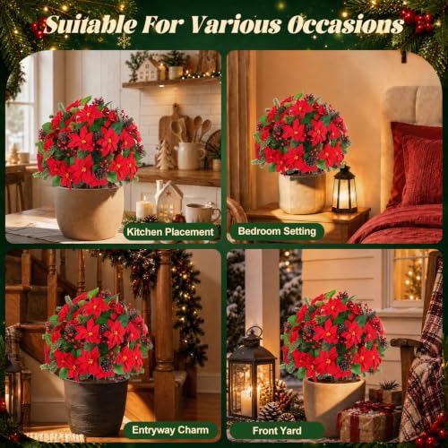 Yangrass 2PCS Poinsettia Topiary Trees with Spike - Christmas Decor