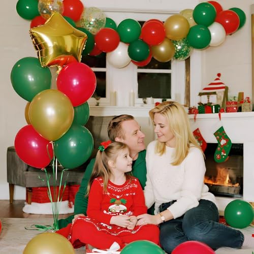 Christmas Red Green Gold Balloons Set, 60Pcs 12 Inch Red Green White Metallic Gold Confetti Latex Balloon Kit for Christmas Grinch Birthday Party Decorations