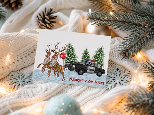 Law Enforcement Reindeer Christmas Card — Naughty or Nice Police Holiday Greeting