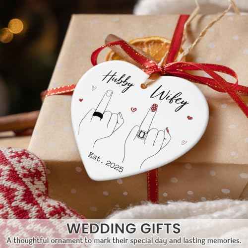 Wedding Gifts for Couples 2025 ? Hubby & Wifey Ceramic Christmas Ornament, First Christmas Married Keepsake