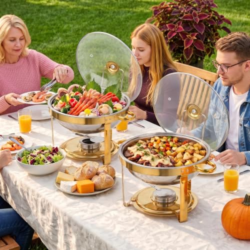 Gold 4 Pack 6QT Stainless Steel Chafing Dish Set with Glass or Steel Lids - Buffet Food Warmer for Parties & Weddings - Golden / 4pack