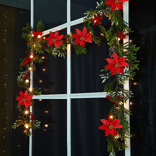 Juegoal 2 Pack 9ft Pre-lit Artificial Christmas Garland with Lights, Poinsettia & Pine Cones