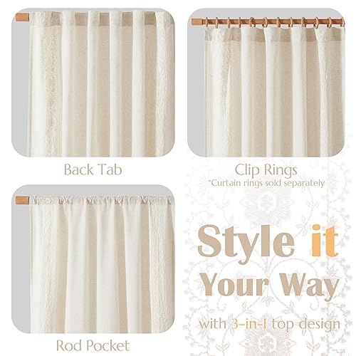 Linen Floral Embroidered Window Curtains - 54x84 Inches, 2 Panels