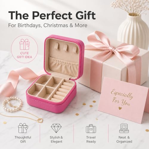 Fuchsia Mini Jewelry Box Travel Organizer for Women & Girls