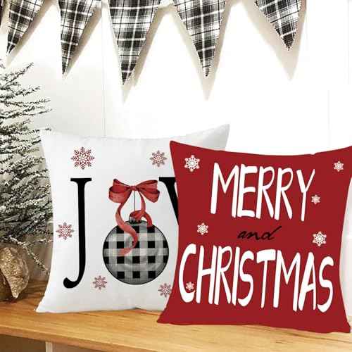 Merry Christmas Red Throw Pillow Covers 18 x 18 Inch Set of 4 Christmas Joy Xmas Trees Winter Holiday Cushion Case for Sofa Couch Home Decor